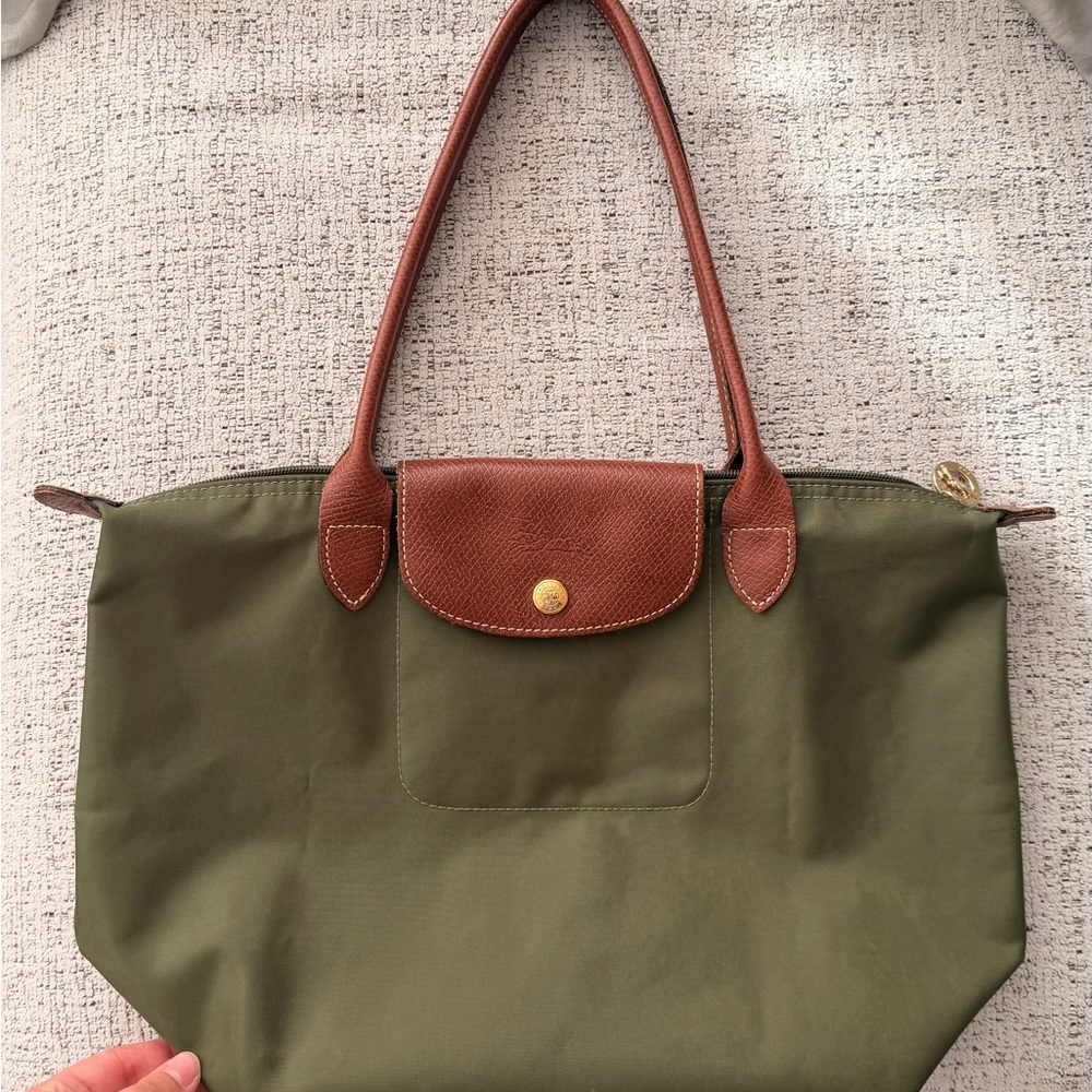Longchamp Medium Olive Green Tote with Brown Accents and Gold Hardware
